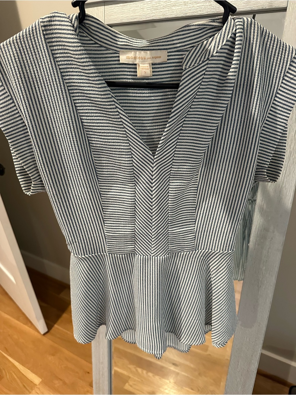 Monteau Blue and White Striped Peplum Blouse